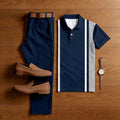 Men's Casual Navy Blue & Gray Color Matching Striped Printed Short Sleeved Polo Shirt & Trousers Two-Piece Set