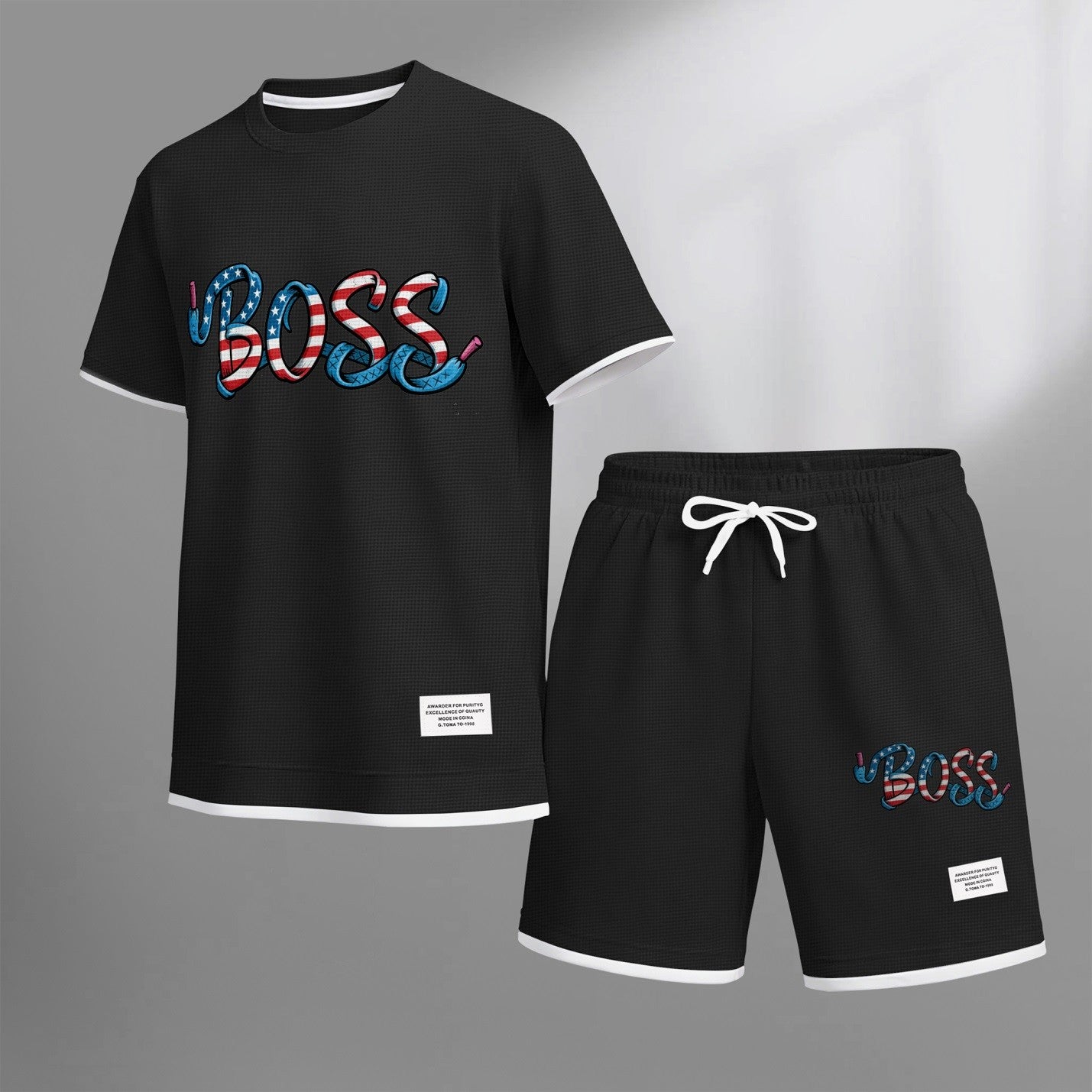 Men's Boss print drawstring shorts set for spring/summer, a casual summer outfit including a short-sleeved shirt and shorts, suitable for everyday wear and sports. A two-piece set for a relaxed and energetic lifestyle.