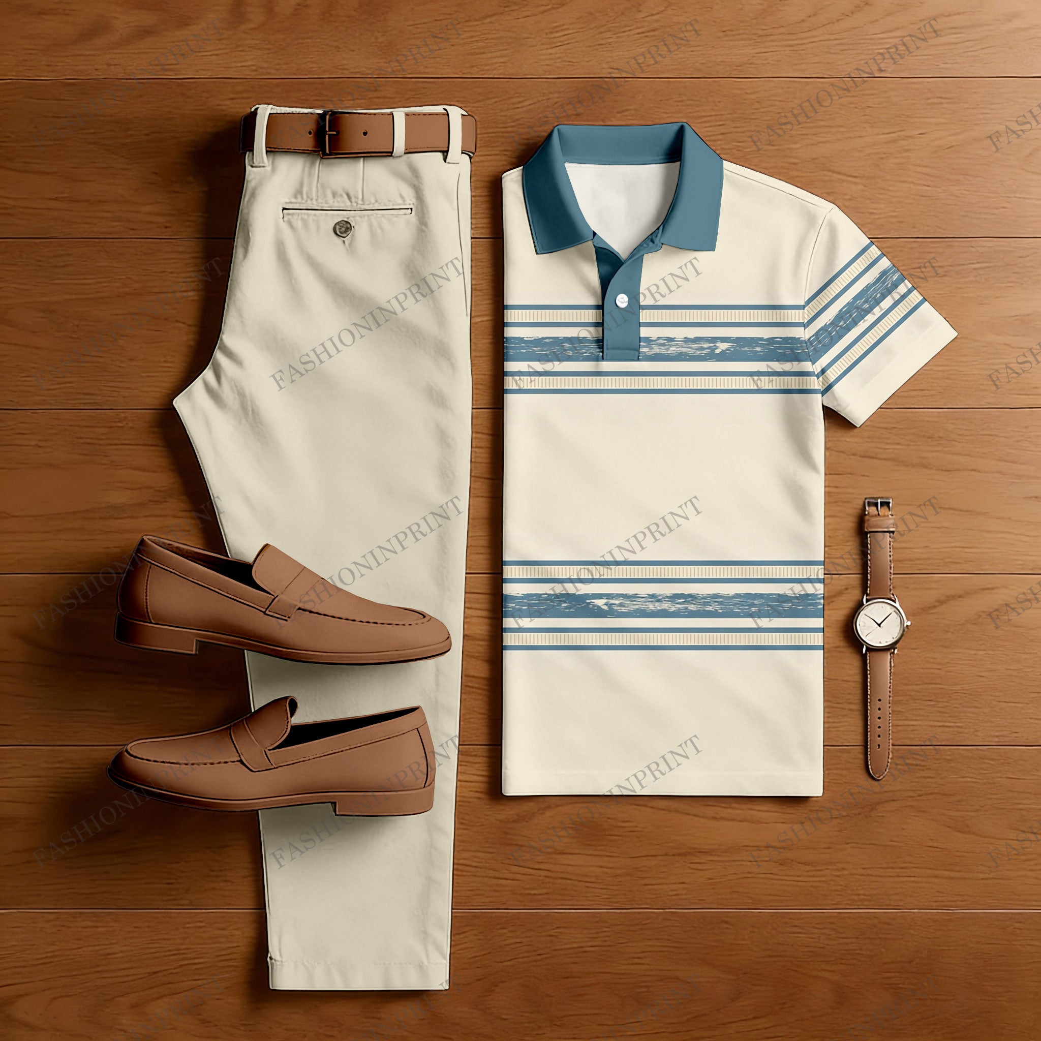 Men's Casual Beige & Blue Color Matching Striped Printed Short Sleeved Polo Shirt & Trousers Two-Piece Set