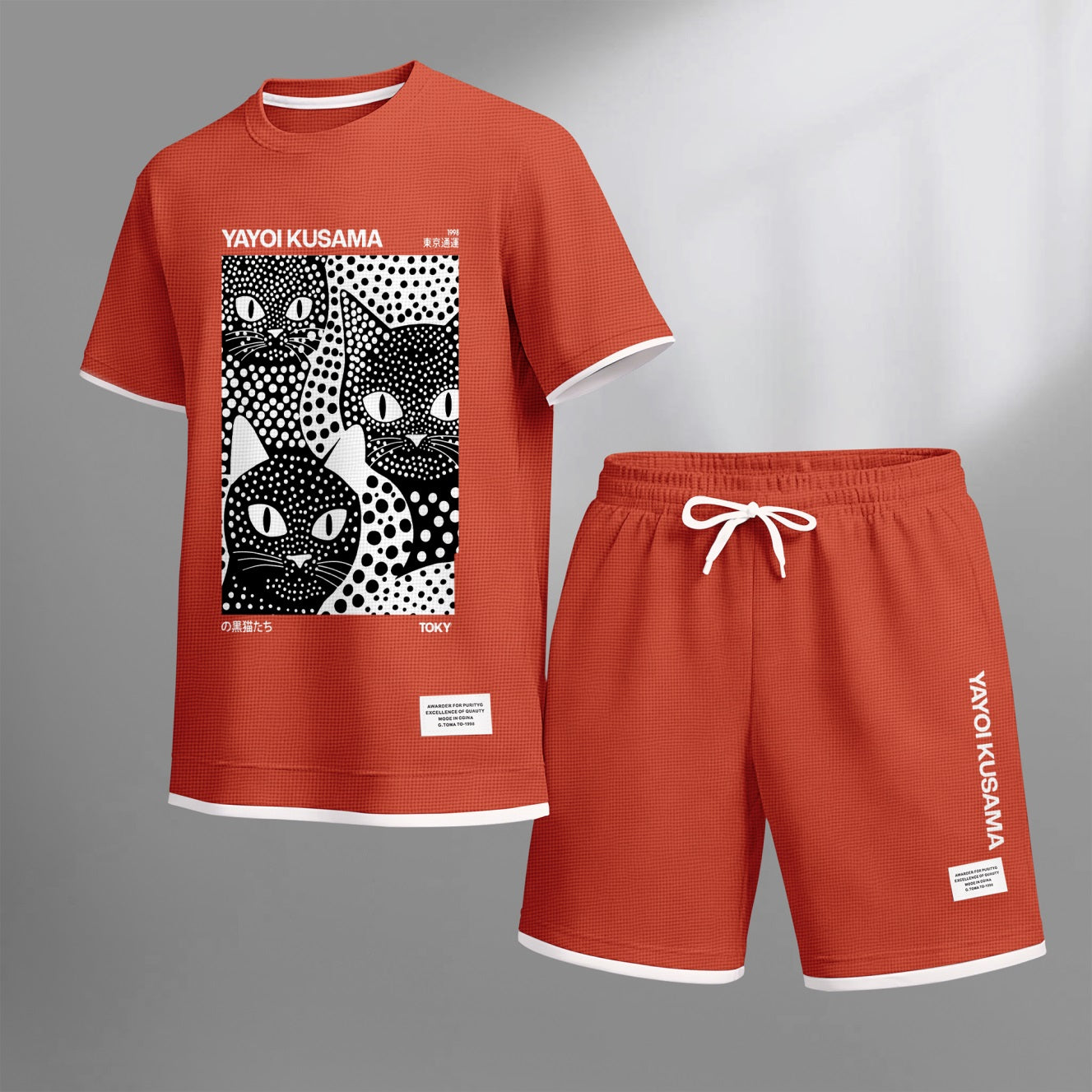 Men's Polka-Dot Black Cat Print Waffle Fabric Short-Sleeved Shirt And Shorts Set