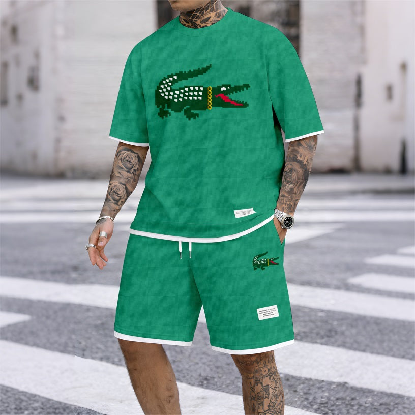 Men's Hip-Hop Crocodile Print Waffle Fabric Short-Sleeved Shirt And Shorts Set 02
