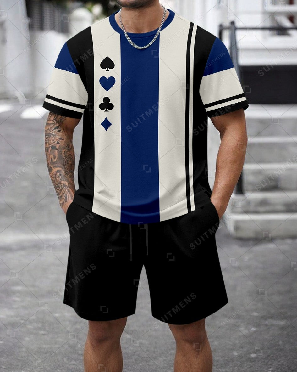 Men's Summer Colorblock Printed Round Neck Set 474
