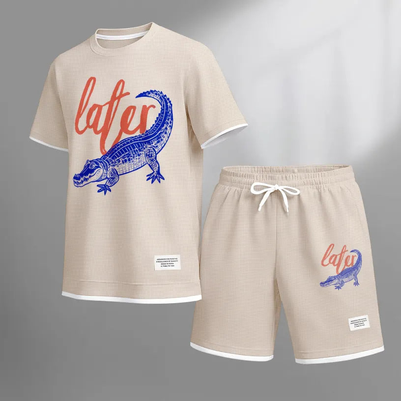 Men's Casual Style Crocodile Print Waffle Fabric Short-Sleeved Shirt And Shorts Set
