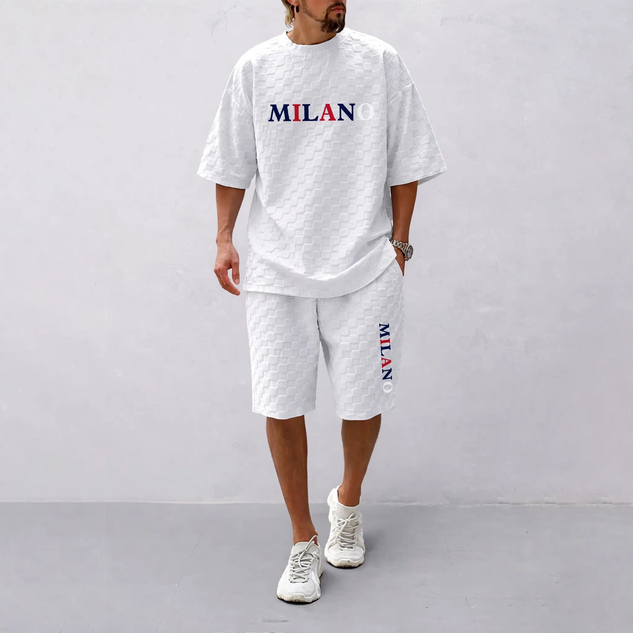 Men's Spring and Summer 'MILANO' Letter Print Checkered Fabric Drawstring Shorts Set, Casual Summer Outfit with Short-Sleeved Shirt and Shorts, Ideal for Everyday Wear and Sports Activities