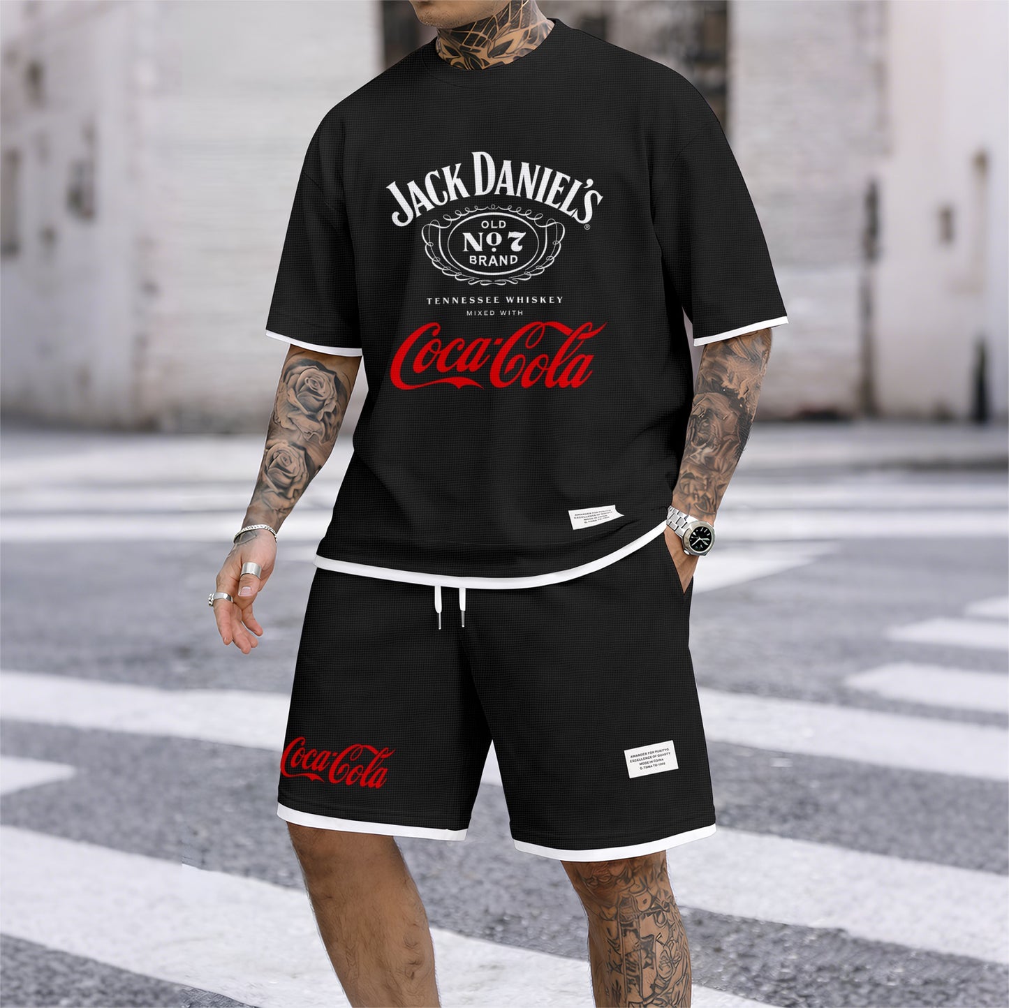 Men's Beer Print Drawstring Shorts Set, Suitable For Spring And Summer Wear, Casual Summer Set, Including Short-Sleeved Shirt And Shorts, Suitable For Everyday Wear And Sports 06
