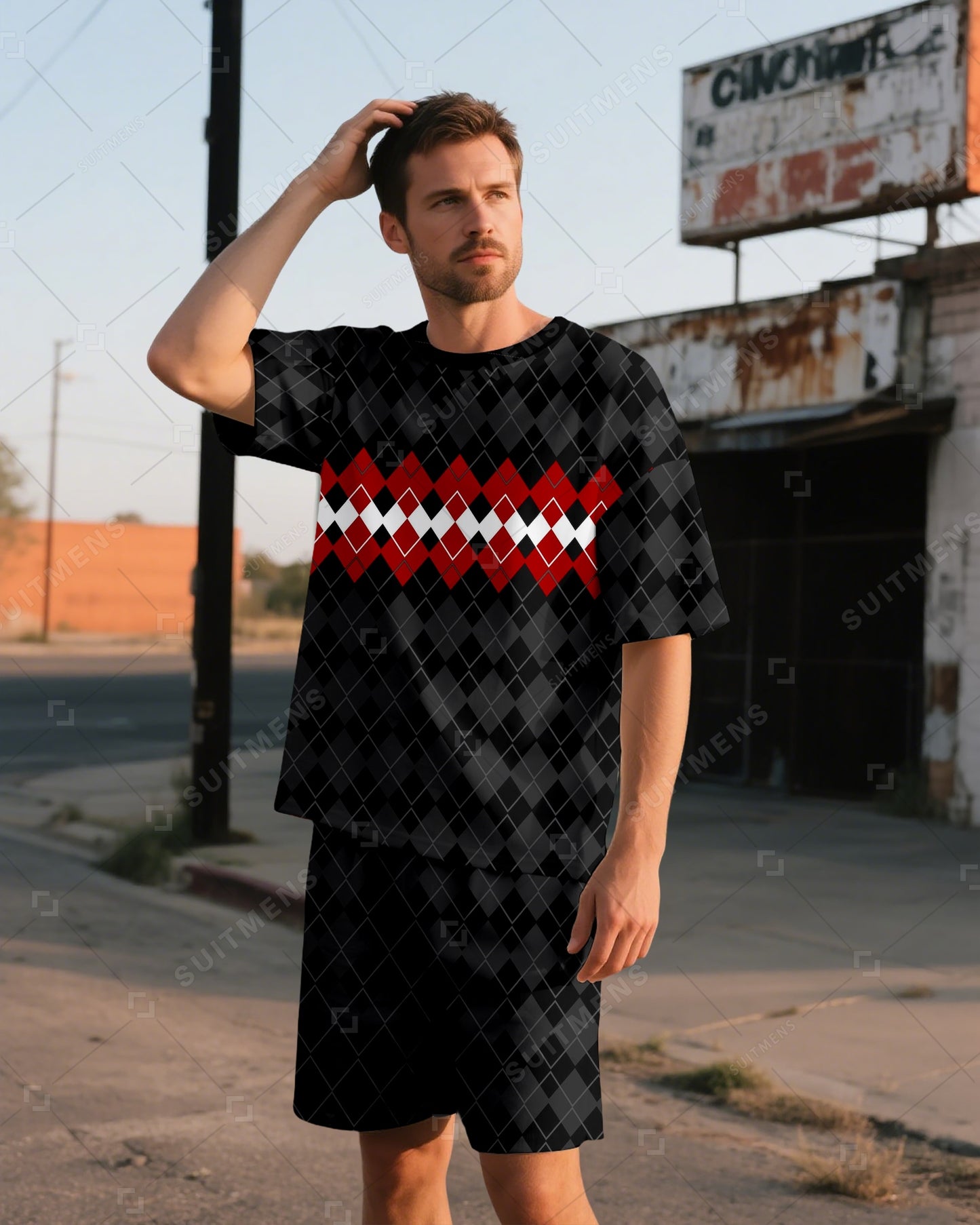 Men's Summer Colorblock Printed Round Neck Suit 07