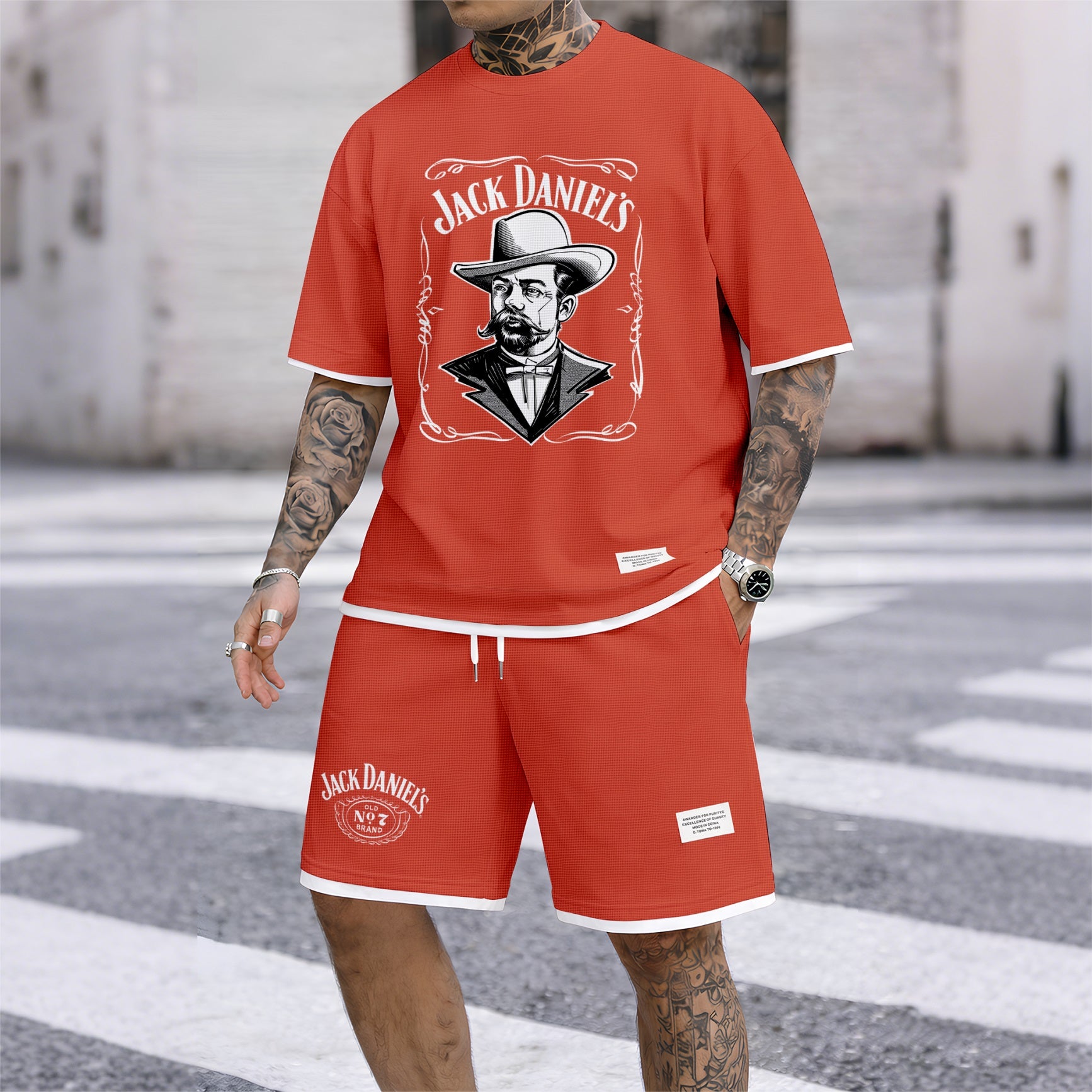 Men's Beer Print Drawstring Shorts Set, Suitable For Spring And Summer Wear, Casual Summer Set, Including Short-Sleeved Shirt And Shorts, Suitable For Everyday Wear And Sports 04