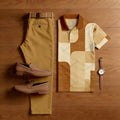 Men's Casual Ginge Yellow & Orange Color Matching Geometric Printed Short Sleeved Polo Shirt & Trousers Two-Piece Set