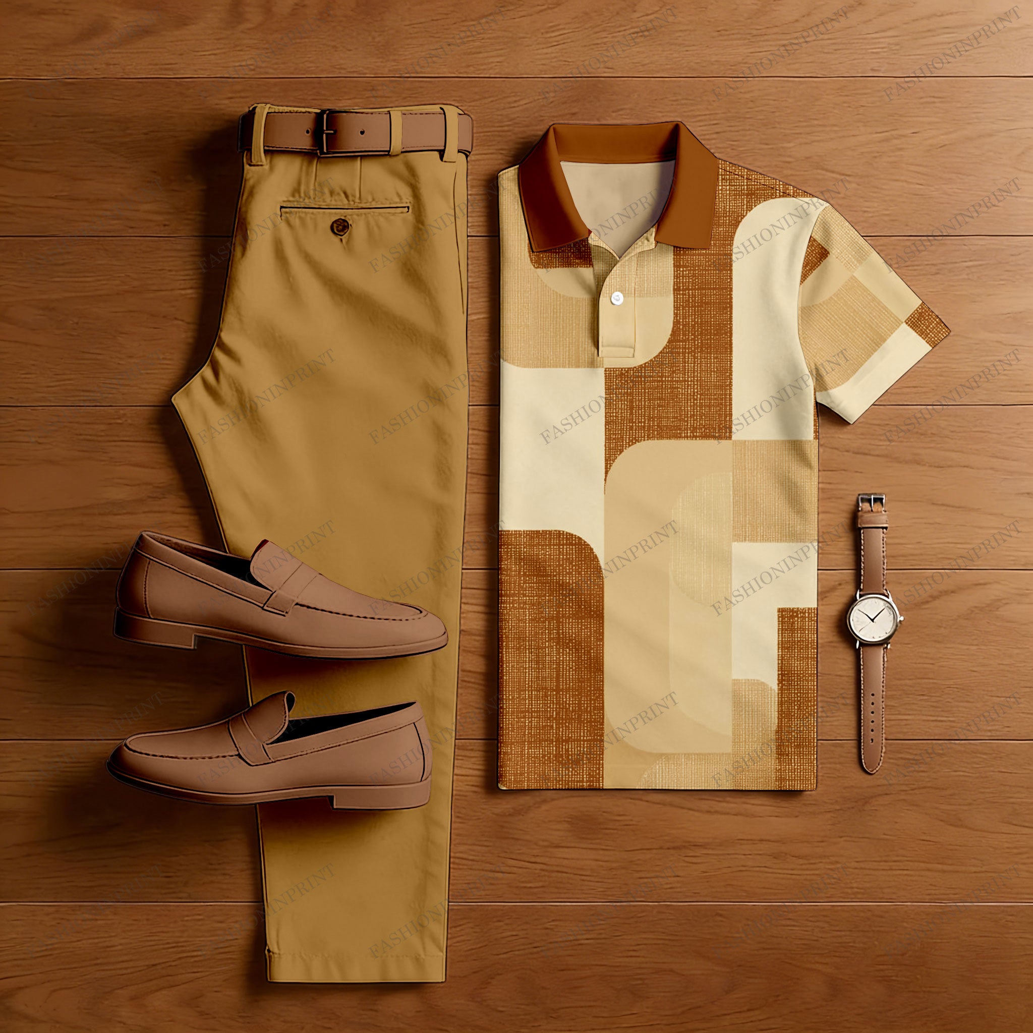Men's Casual Ginge Yellow & Orange Color Matching Geometric Printed Short Sleeved Polo Shirt & Trousers Two-Piece Set