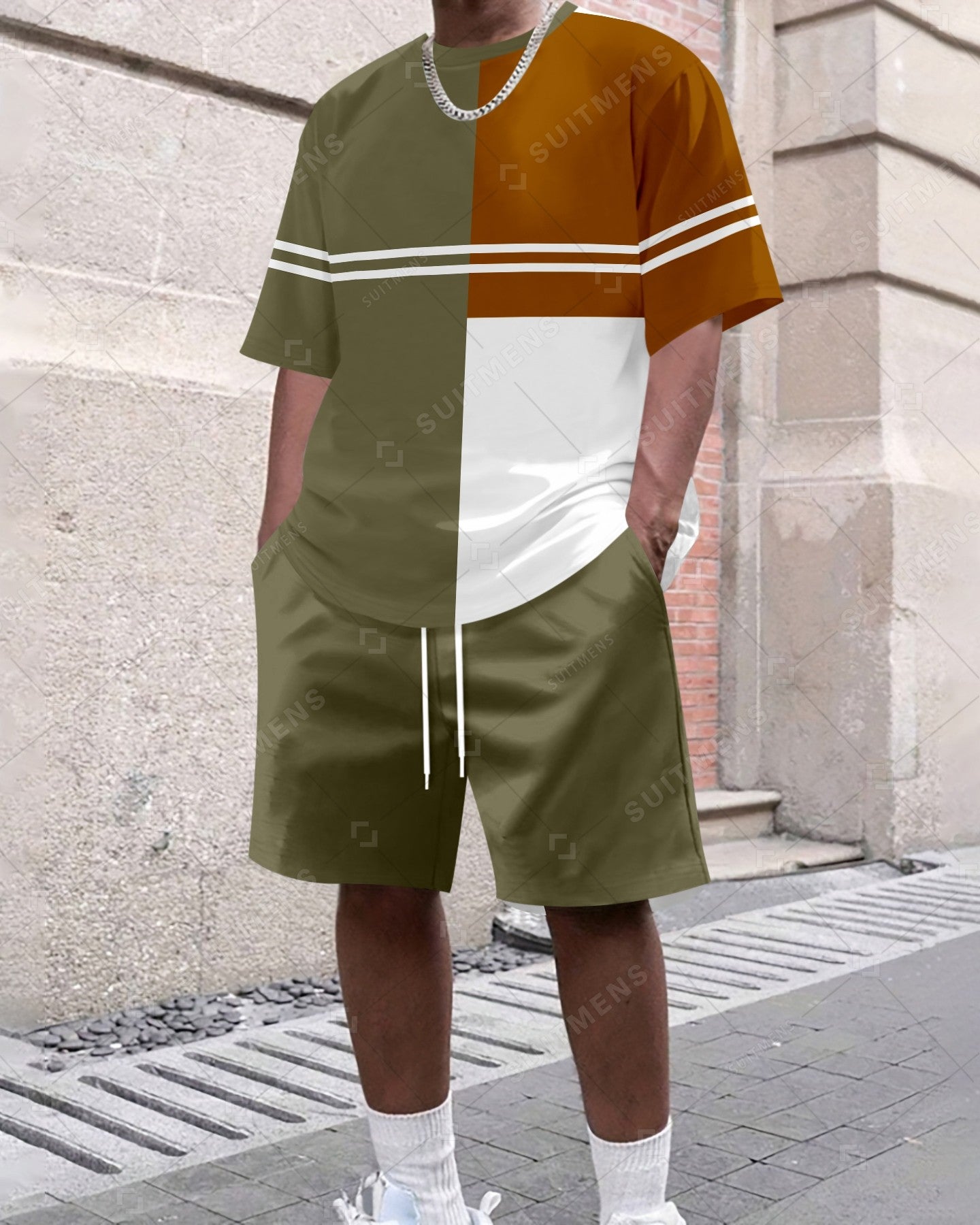 Men's Summer Colorblock Printed Round Neck Set 417