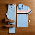 Men's Casual Blue & Pink Color Matching Striped Printed Short Sleeved Polo Shirt & Trousers Two-Piece Set
