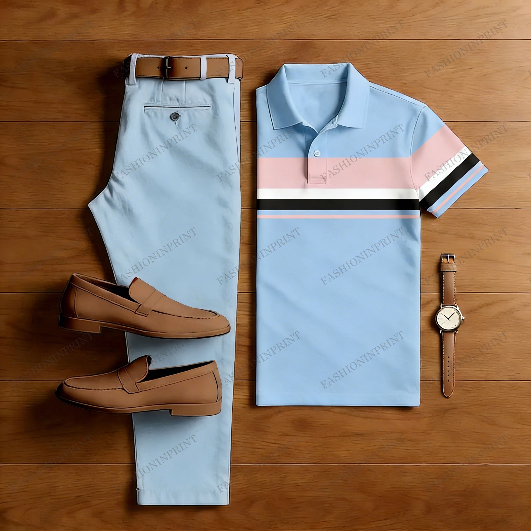 Men's Casual Blue & Pink Color Matching Striped Printed Short Sleeved Polo Shirt & Trousers Two-Piece Set