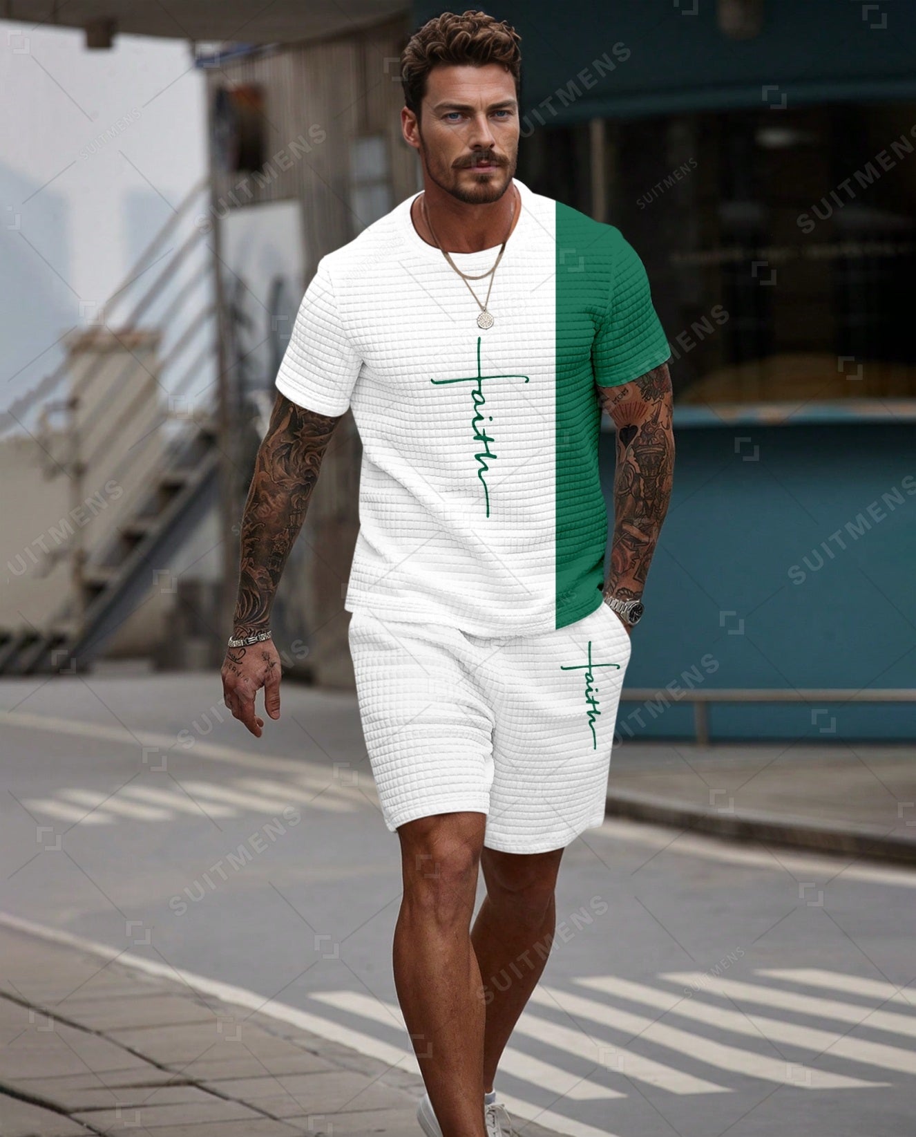 Men's Casual Waffle Textured Summer Round Neck Short Sleeve Shorts Set 0010