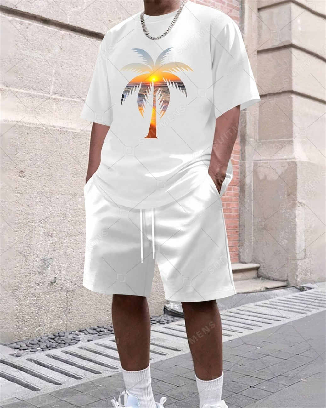 Men's Summer Coconut Tree Print Round Neck Set 305