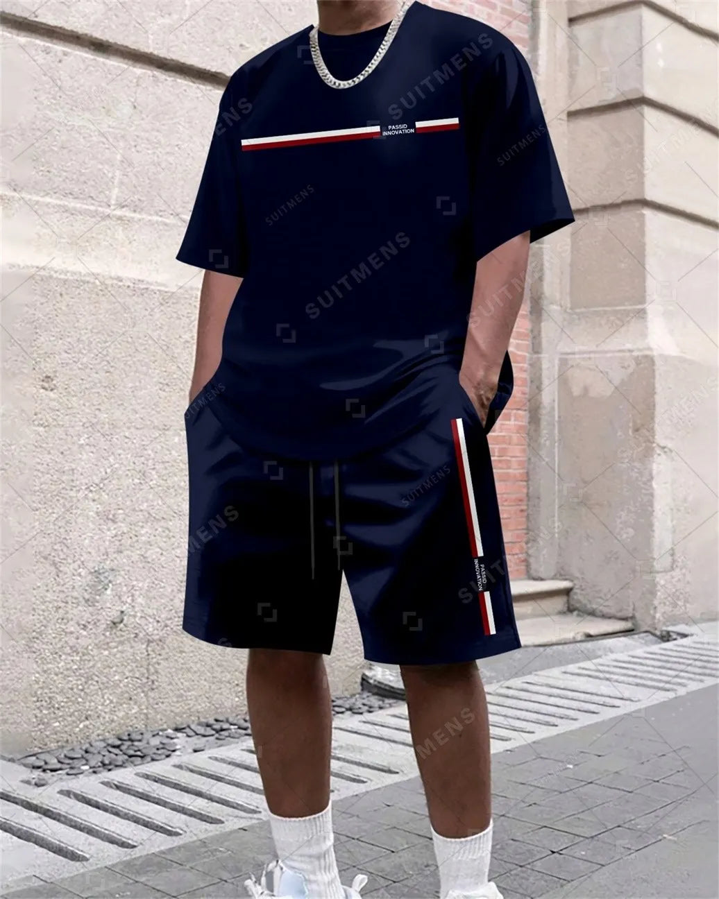 Men's Summer Simple Gradient Print Round Neck Set 358