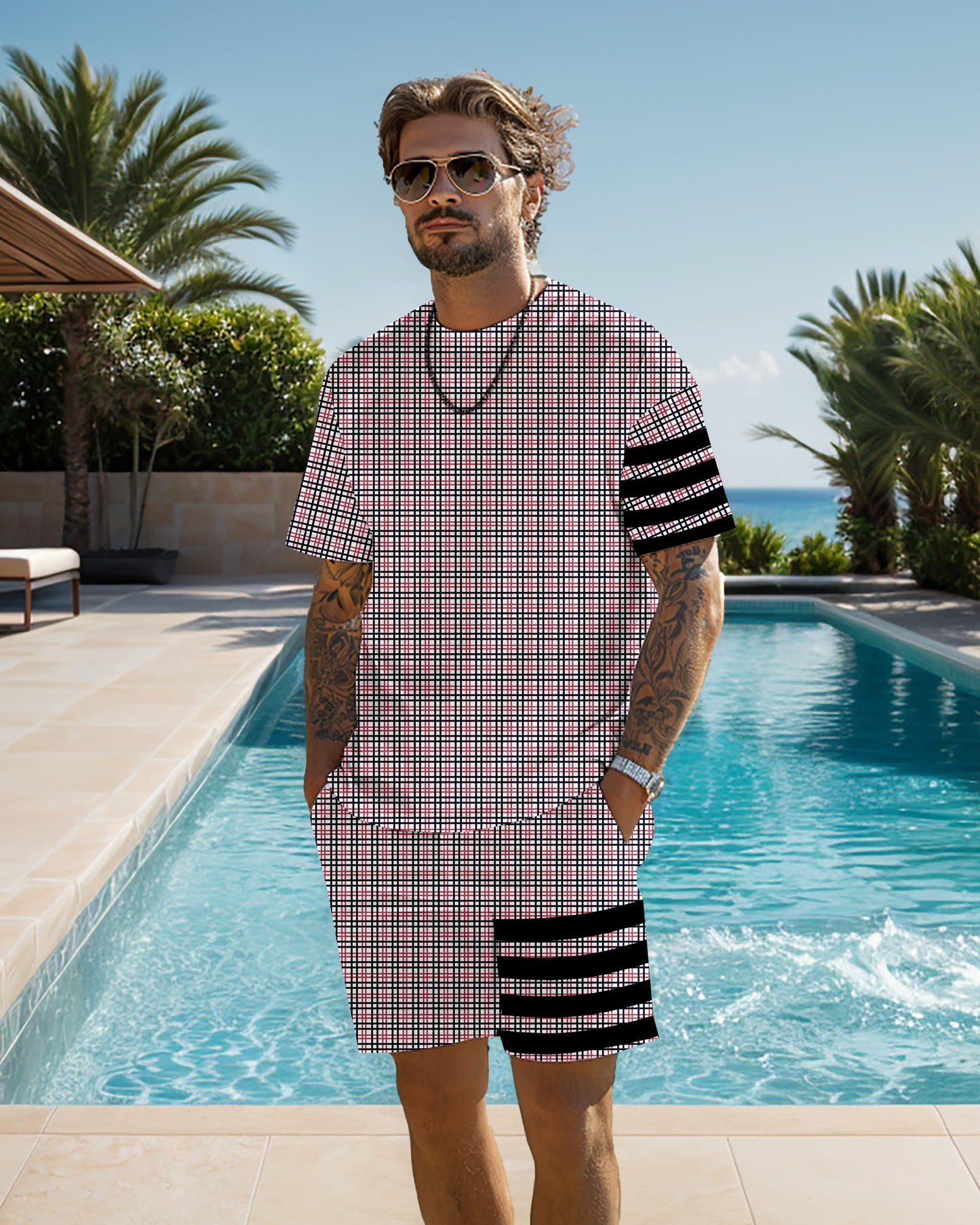 Men's casual plaid printed shorts Set 538