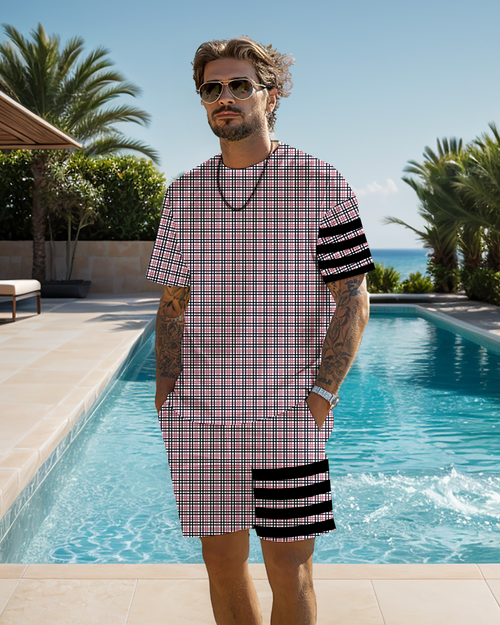 Men's casual plaid printed shorts Set 538