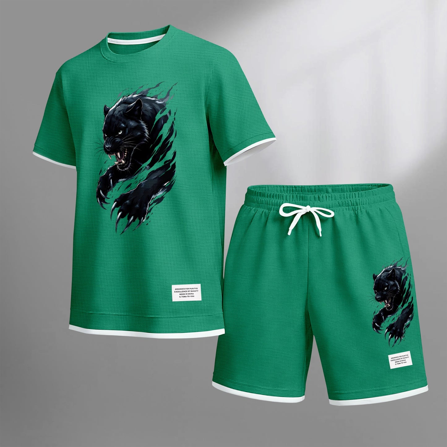 Men's Black Panther Graphic Print Waffle Short Sleeve T-Shirt & Shorts Set, Summer Lightweight Sporty Casual Two-Piece Outfit, Streetwear for Gym & Daily Wear