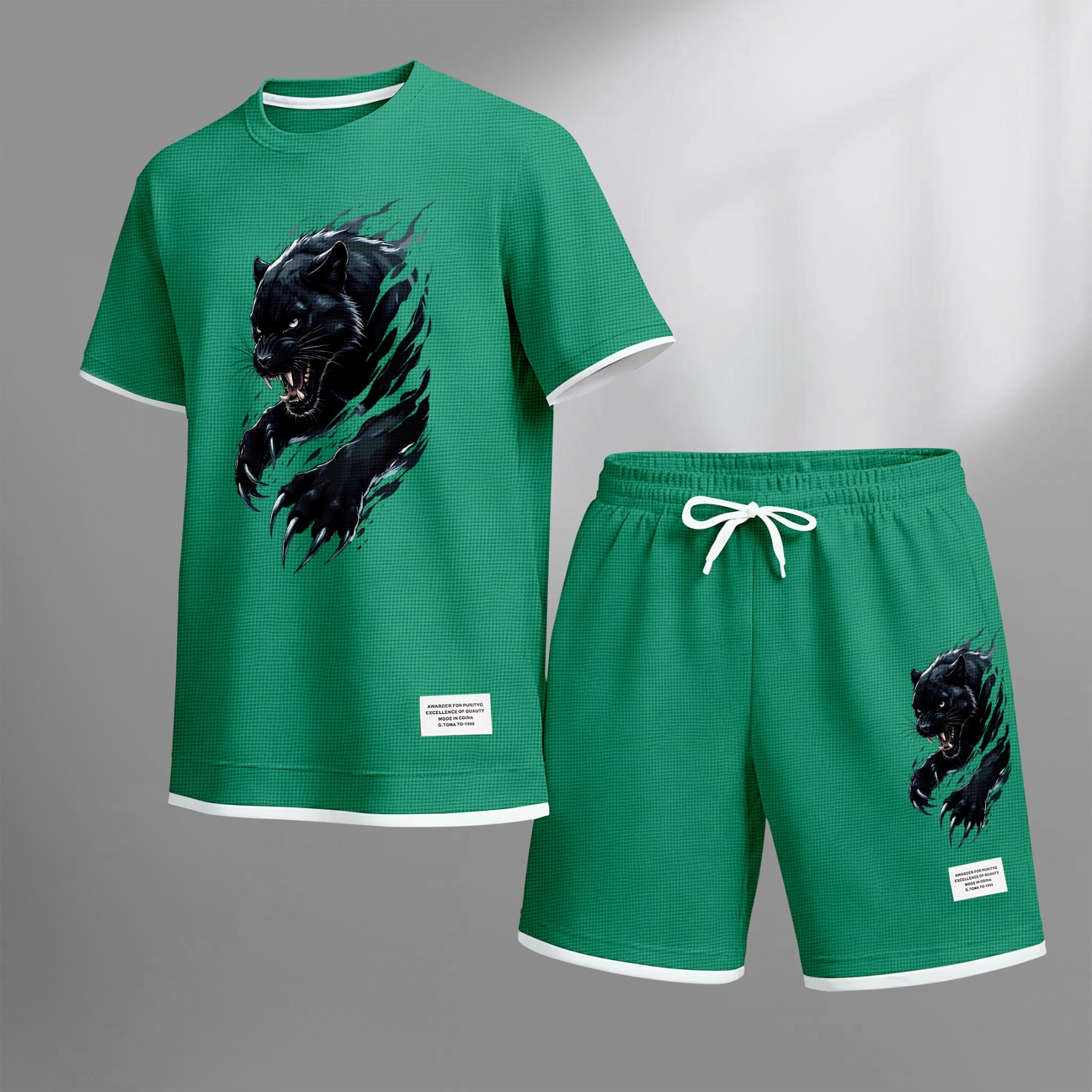 Men's Black Panther Graphic Print Waffle Short Sleeve T-Shirt & Shorts Set, Summer Lightweight Sporty Casual Two-Piece Outfit, Streetwear for Gym & Daily Wear