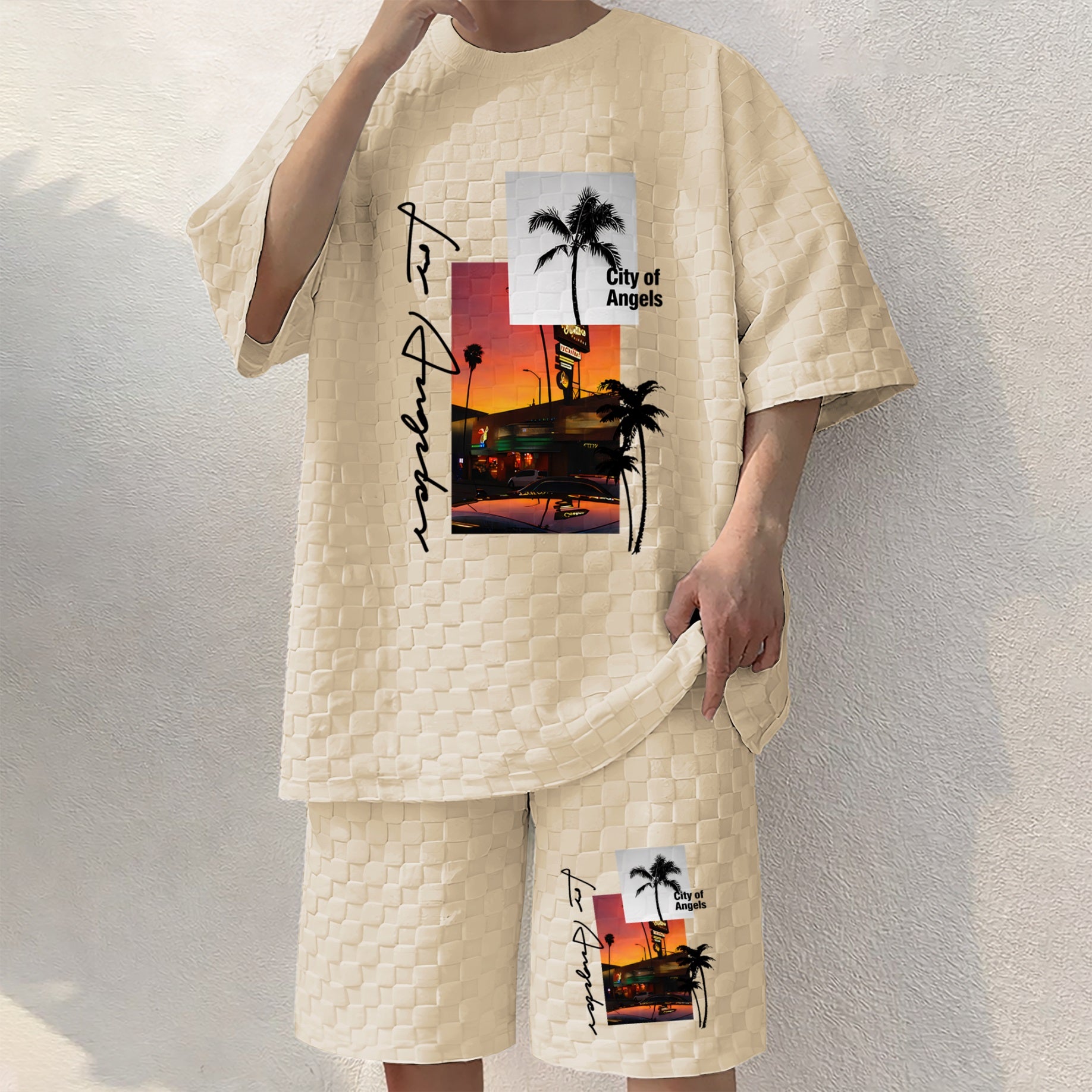 Men's Resort Graphic Print Spring And Summer Drawstring Shorts Set, A Casual Summer Outfit, Including A Short-Sleeved Shirt And Shorts, Suitable For Everyday Wear And Sports Activities.