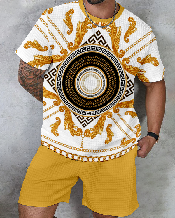 Men's textured waffle texture printed shorts Set 008