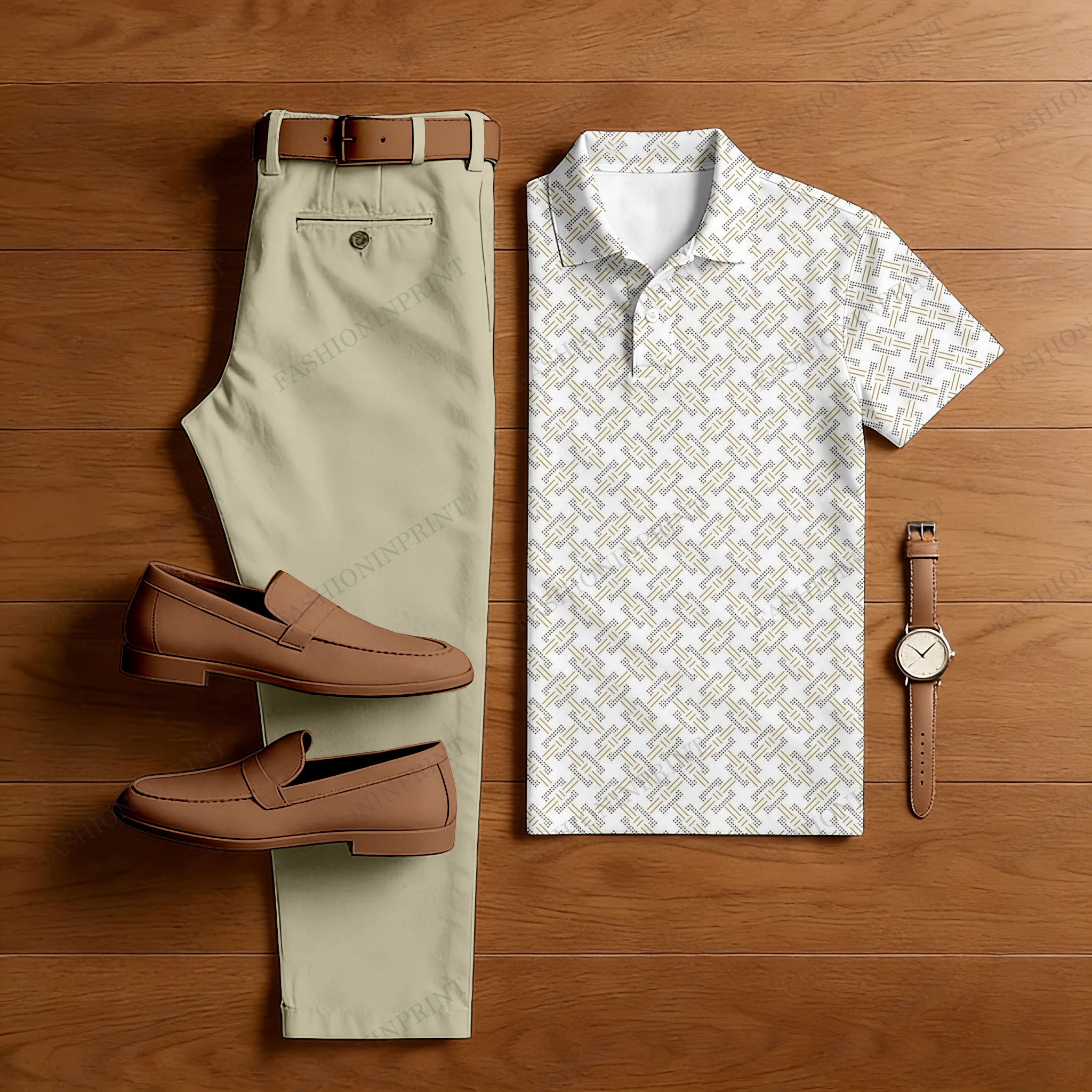 Men's Casual Khaki & White Color Matching Ethnic Style Printed Short Sleeved Polo Shirt & Trousers Two-Piece Set