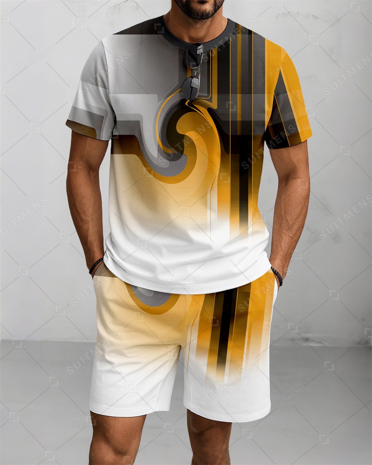 Men's Summer Colorblock Printed Round Neck Suit 080