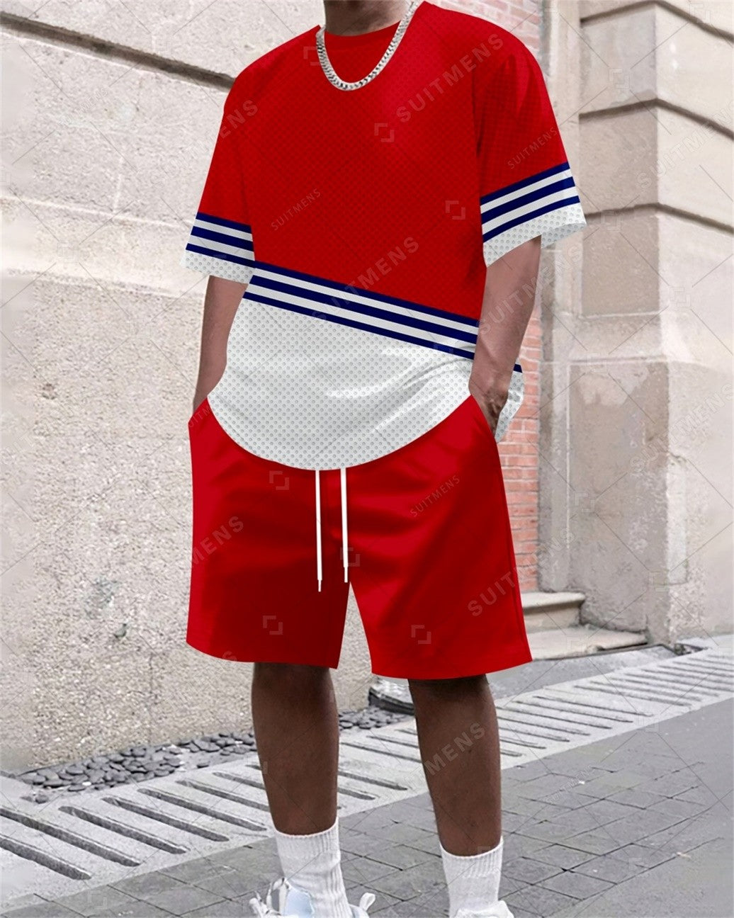 Men's Summer Color Matching Print Round Neck Set 373