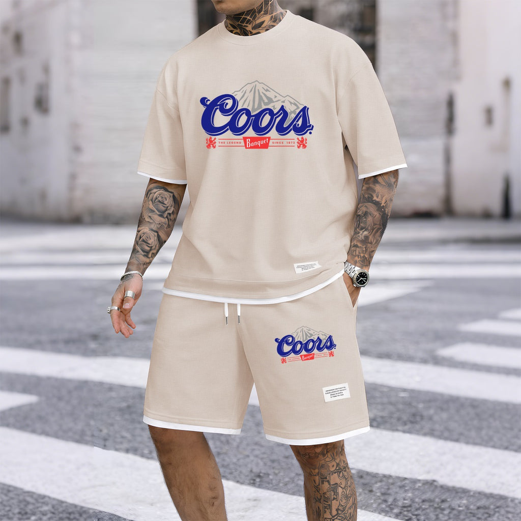 Men's American Beer Print Waffle Fabric Short-Sleeved Shirt And Shorts Set