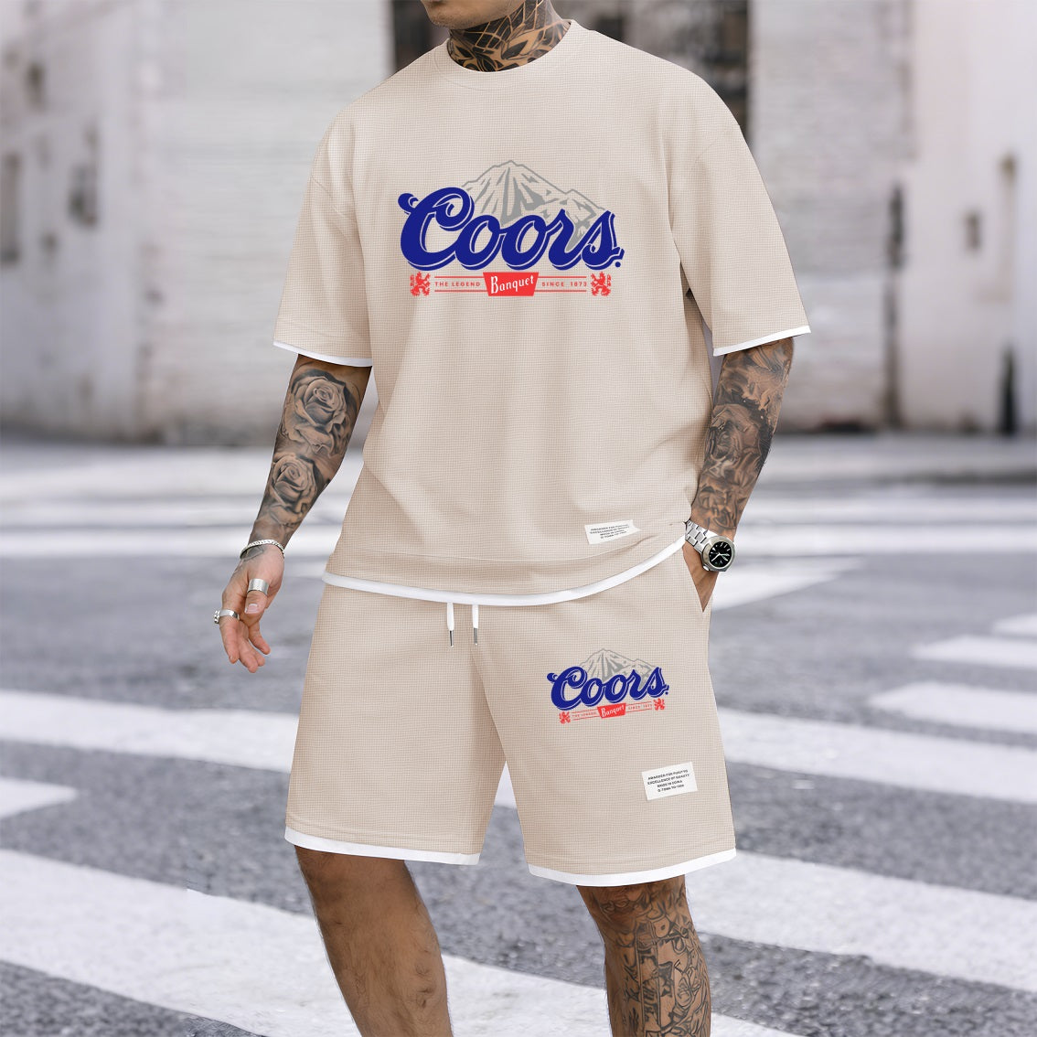 Men's American Beer Print Waffle Fabric Short-Sleeved Shirt And Shorts Set