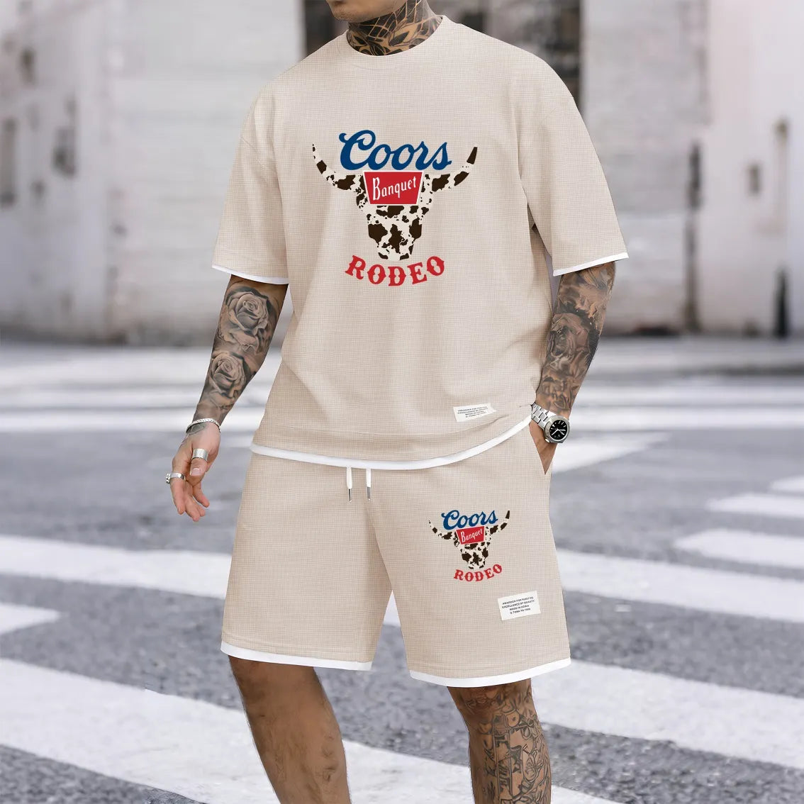 Men's Vintage Alpine Beer Print Waffle Fabric Short-Sleeved Shirt And Shorts Set