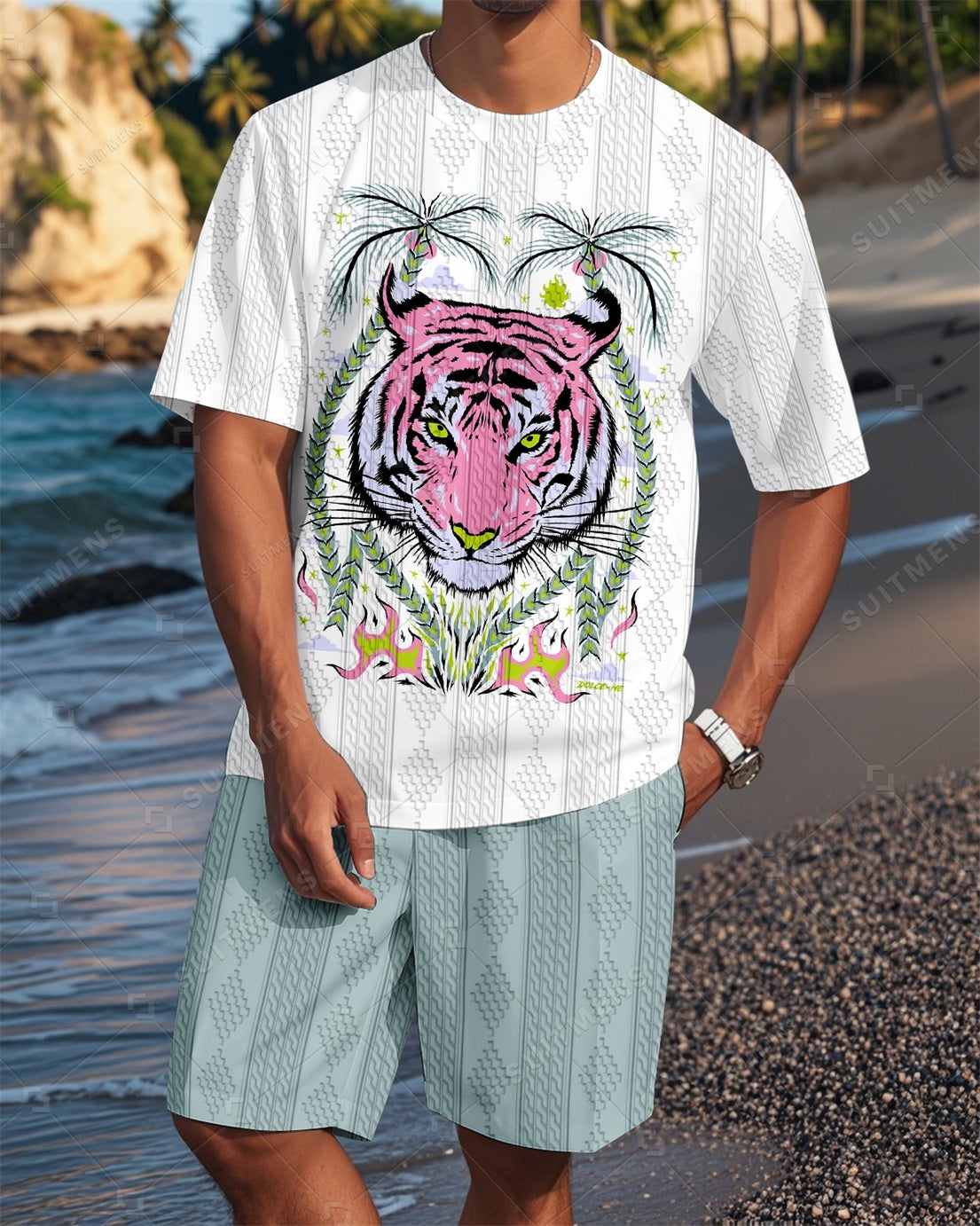 Men's Crew Neck Jacquard Textured Print Shorts Set  019