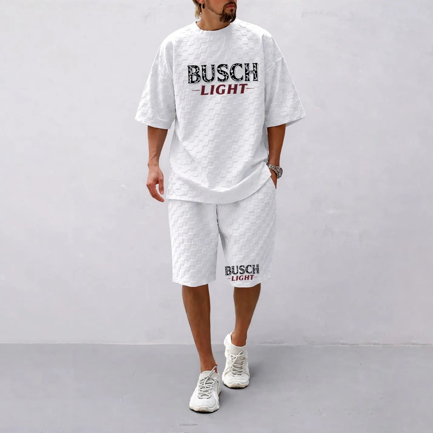 Men's Spring And Summer Classic Beer Print With Red And Black Line Checkered Fabric Drawstring Shorts Set, Casual Summer Outfit With Short-Sleeved Shirt And Shorts, Ideal For Everyday Wear And Sports Activities