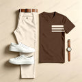 Men's Casual Brown Geometry Two-Piece Set: Printed Crew Neck Short-Sleeve Top & Long Pants