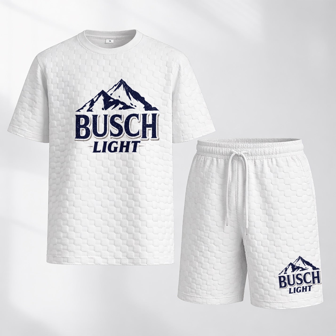 Men's Spring And Summer American Beer Print With Red And Black Line Checkered Fabric Drawstring Shorts Set, Casual Summer Outfit With Short-Sleeved Shirt And Shorts, Ideal For Everyday Wear And Sports Activities