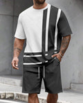 Men's Summer Colorblock Printed Round Neck Set 613