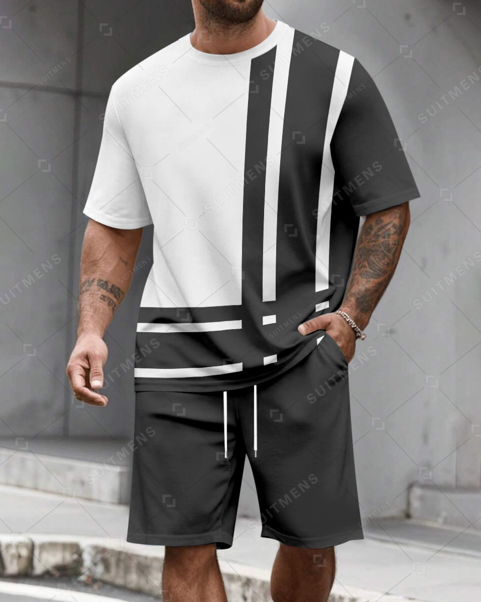 Men's Summer Colorblock Printed Round Neck Set 613