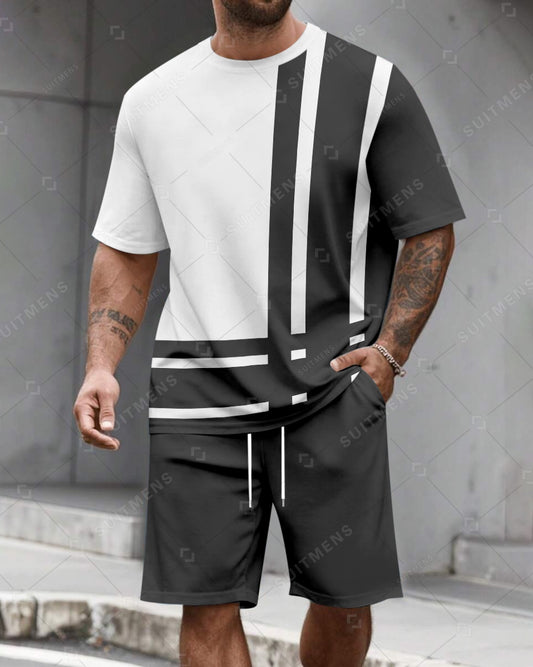 Men's Summer Colorblock Printed Round Neck Set 613
