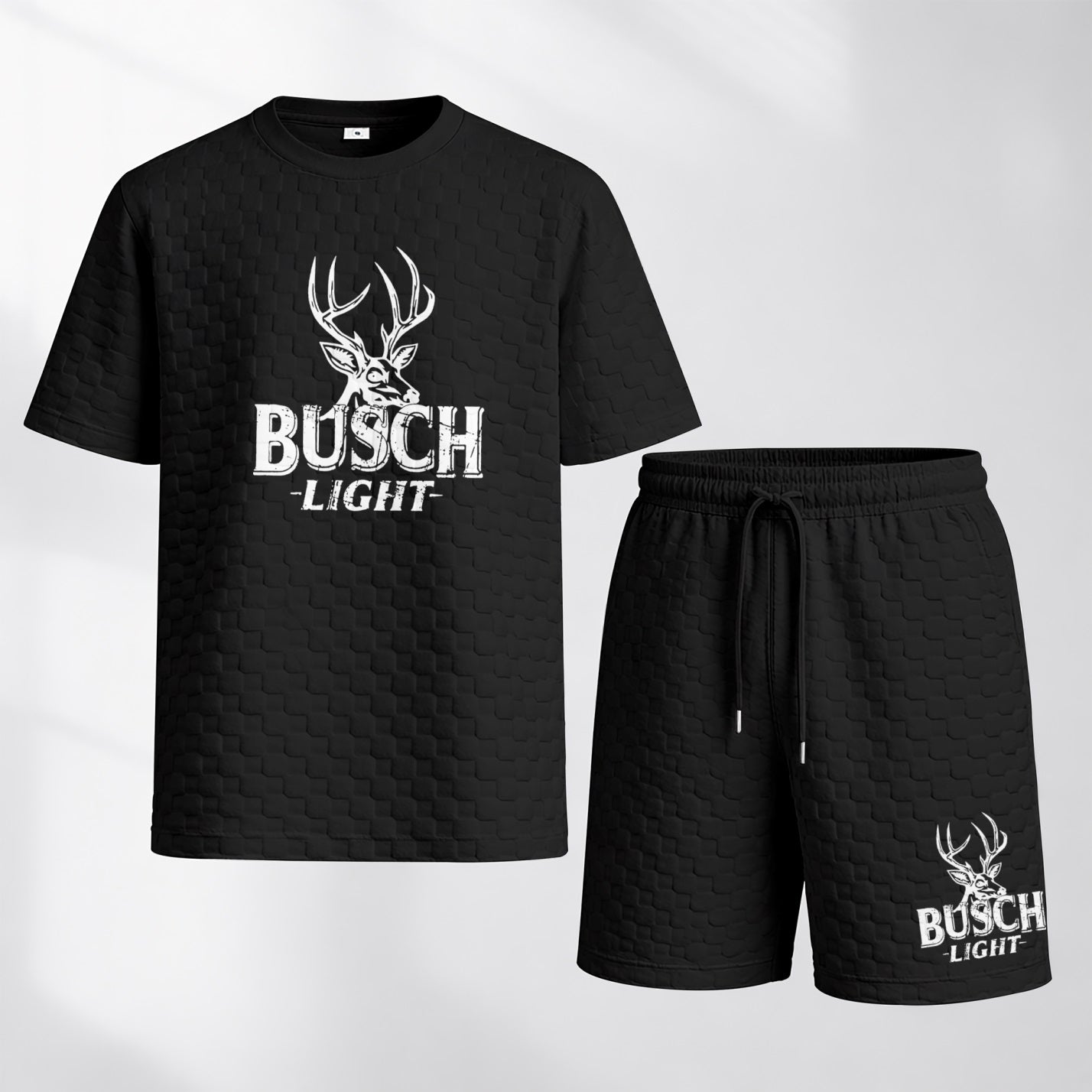 Men's Spring And Summer Light Beer Print With Red And Black Line Checkered Fabric Drawstring Shorts Set, Casual Summer Outfit With Short-Sleeved Shirt And Shorts, Ideal For Everyday Wear And Sports Activities