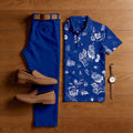 Men's Casual Royal Blue Plants Printed Polo Shirt And Pants Two-Piece Set