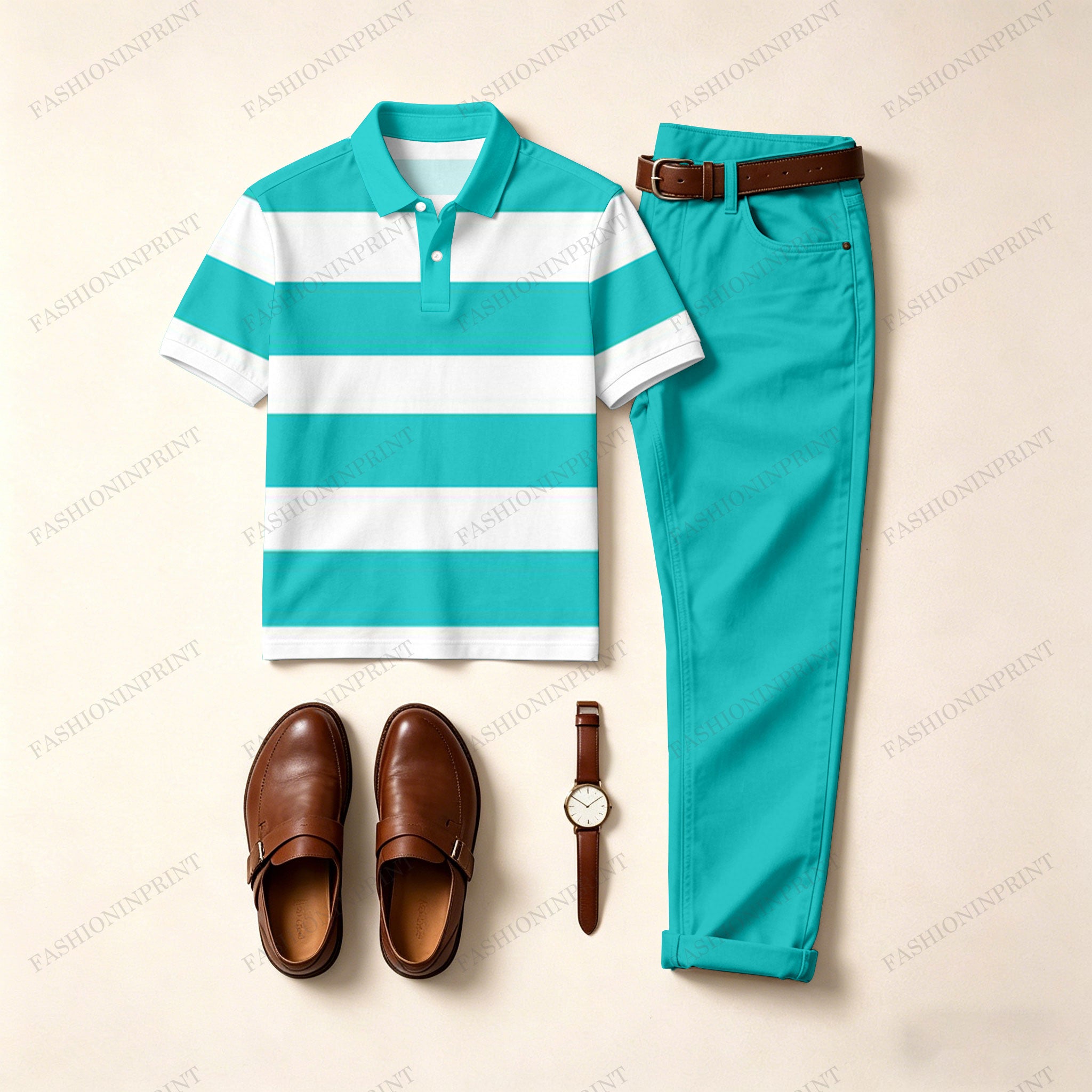 Men's Casual Green & White Stripes Printed Polo Shirt And Pants Two-Piece Set