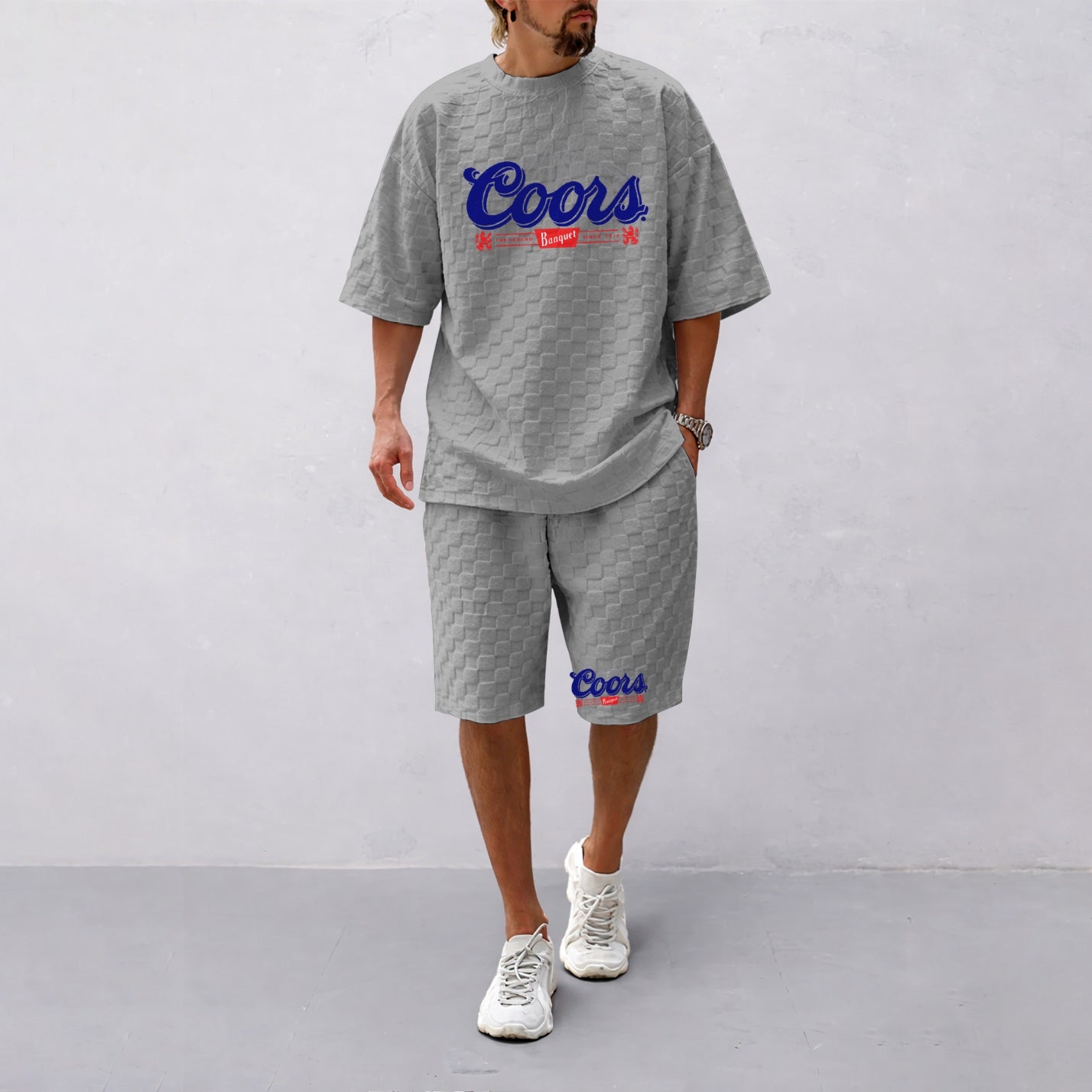 Men's Spring And Summer Vintage Beer Print With Red And Black Line Checkered Fabric Drawstring Shorts Set, Casual Summer Outfit With Short-Sleeved Shirt And Shorts, Ideal For Everyday Wear And Sports Activities