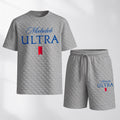Men's Spring/Summer Drawstring Shorts Set featuring Beverage-Print Plaid Fabric—A casual summer ensemble comprising a short-sleeve shirt and shorts, ideal for both daily wear and athletic activities