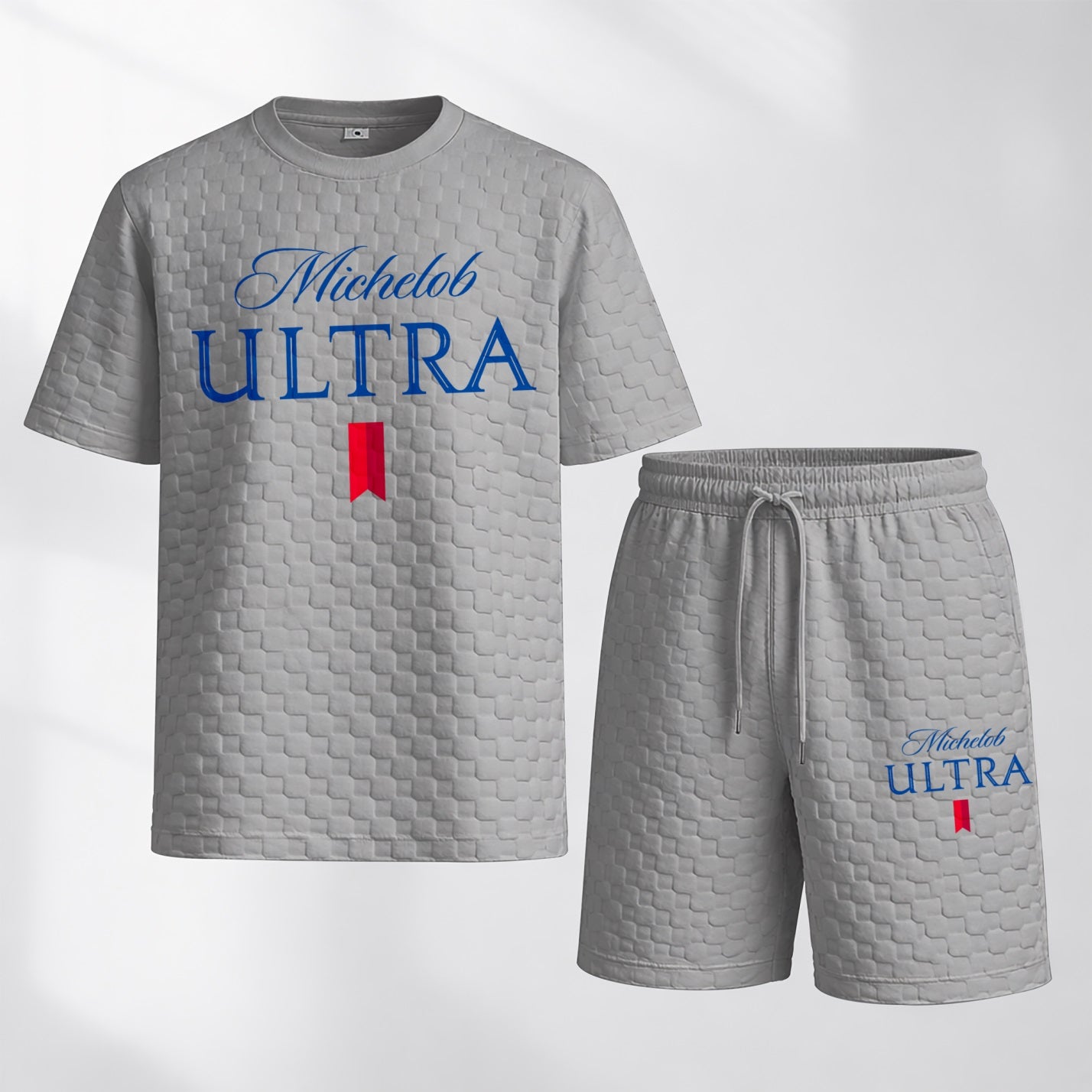Men's Spring/Summer Drawstring Shorts Set featuring Beverage-Print Plaid Fabric—A casual summer ensemble comprising a short-sleeve shirt and shorts, ideal for both daily wear and athletic activities