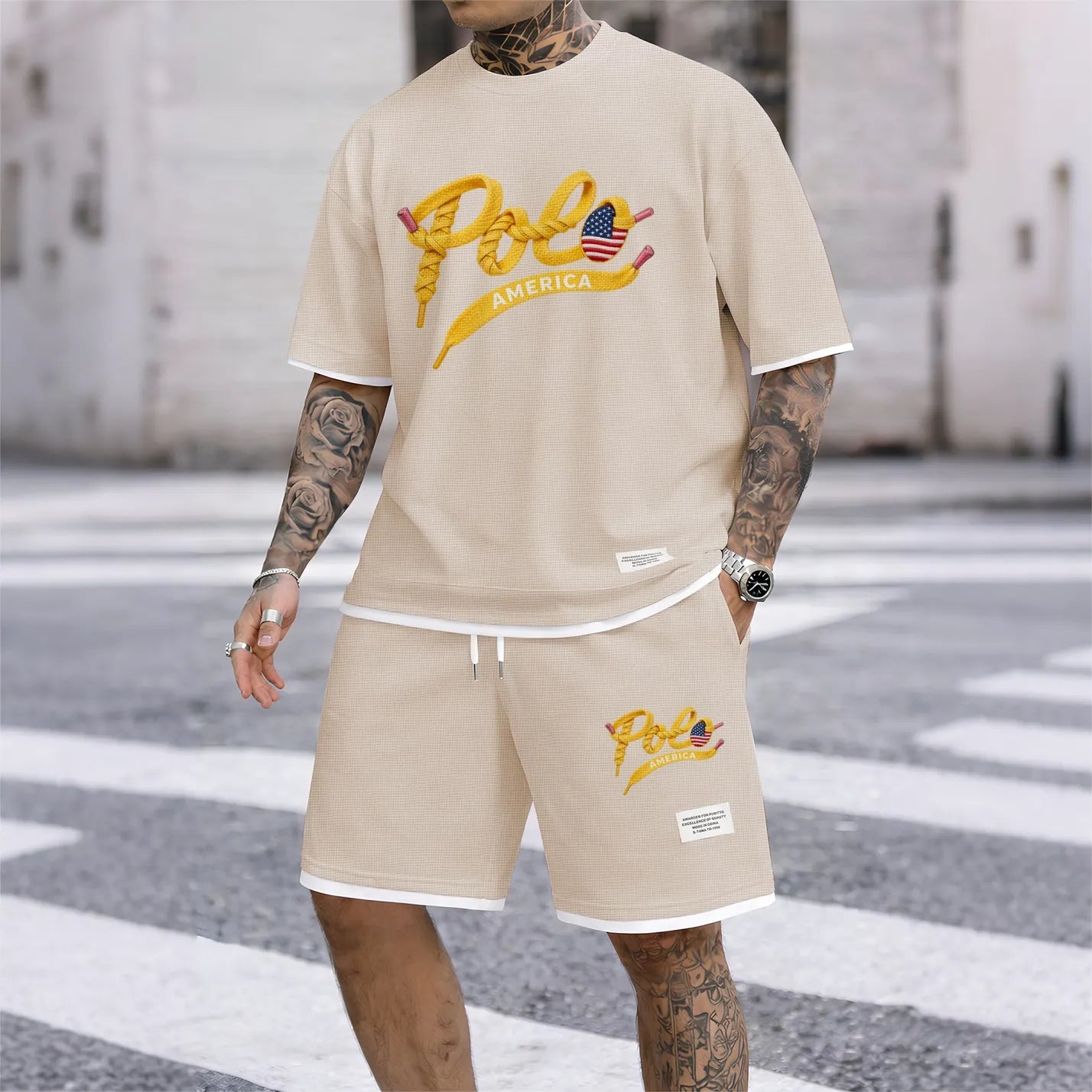 Men's Polo print drawstring shorts set for spring/summer, a casual summer outfit including a short-sleeved shirt and shorts, suitable for everyday wear and sports. A two-piece set for a relaxed and energetic lifestyle.