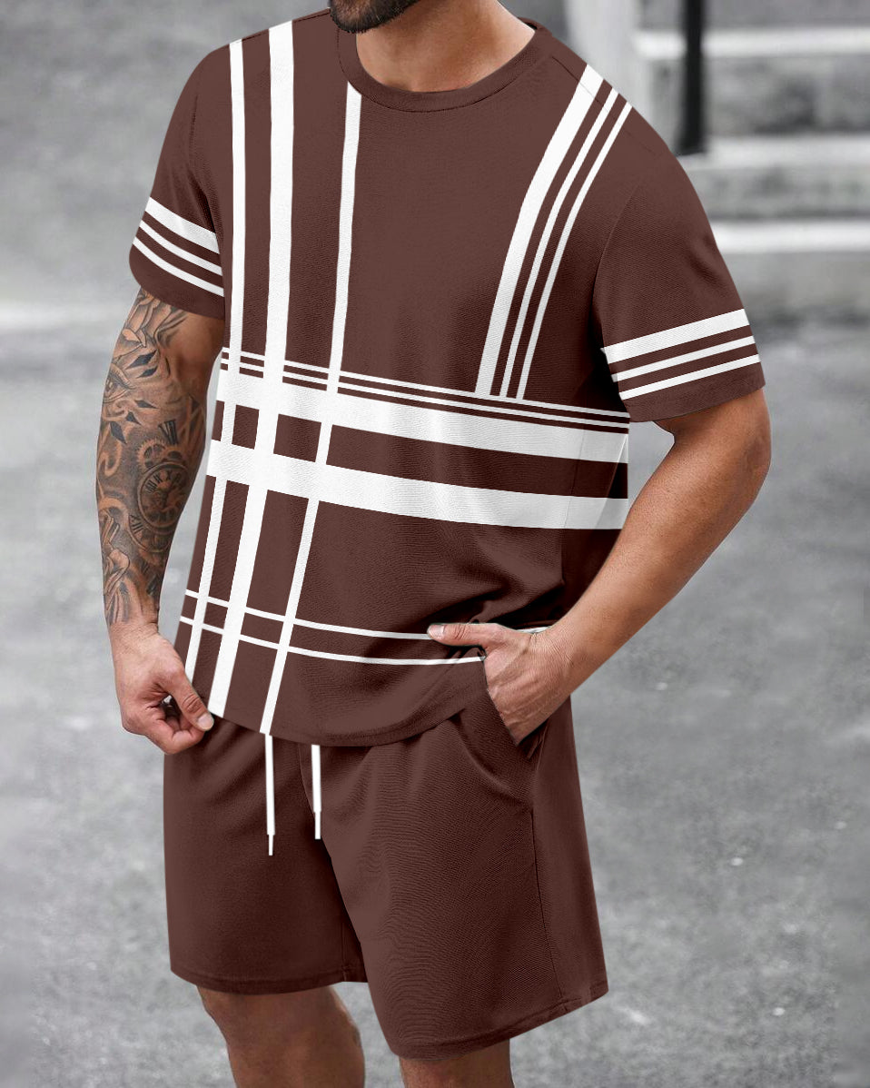 Men's Summer Colorblock Printed Round Neck Set 464