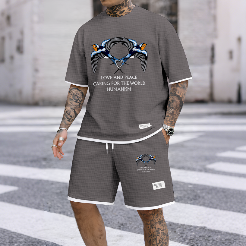 Men's Casual Style Peace Dove Print Waffle Fabric Short-Sleeved Shirt And Shorts Set