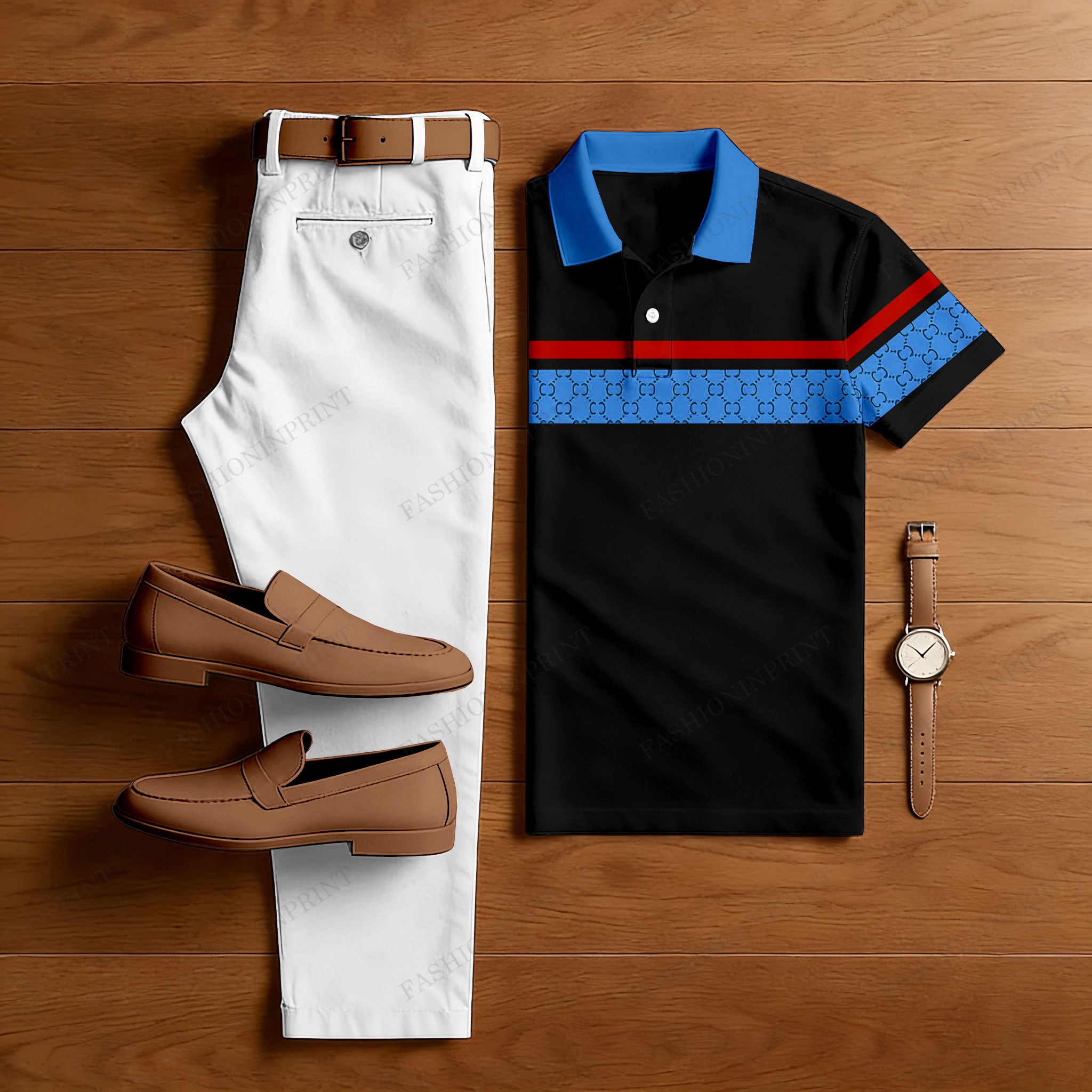 Men's Casual Black & Blue Printed Polo Shirt And Pants Two-Piece Set