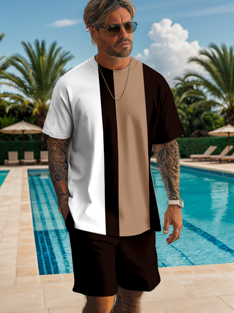 Men's casual color block printed shorts Set 513