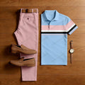 Men's Casual Pink & Light Blue Color Matching Striped Printed Short Sleeved Polo Shirt & Trousers Two-Piece Set